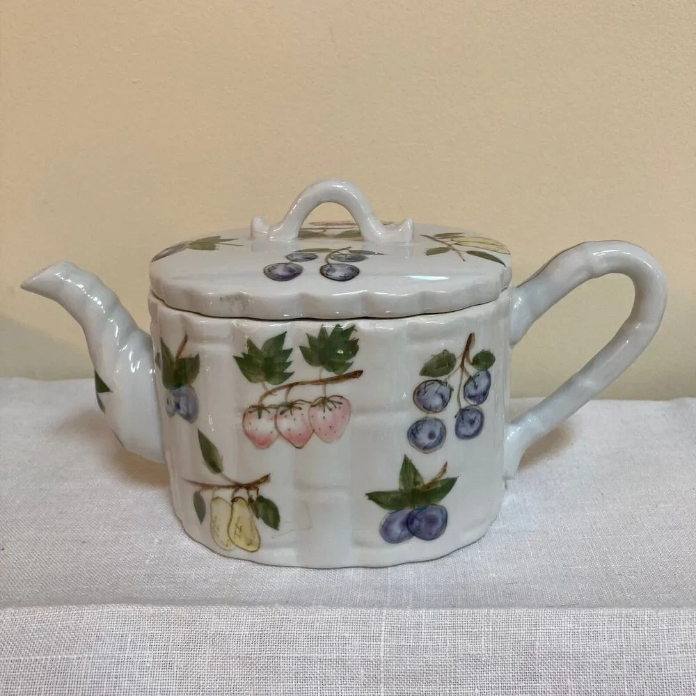 Vintage 90s Tea Pot with Painted Fruit and Berries with Elephant Trunk Spout EUC